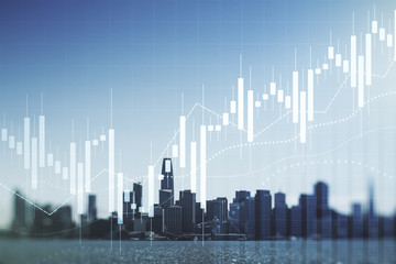 Multi exposure of virtual creative financial chart hologram on San Francisco skyscrapers background, research and analytics concept