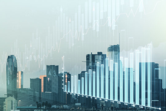 Double exposure of abstract creative financial chart hologram on Los Angeles skyscrapers background, research and strategy concept © Pixels Hunter