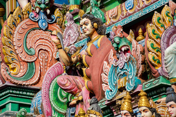 Hindu temple in Tamil Nadu, South India. Sculptures on Hindu temple gopura (tower), sculpture of an Indian deity