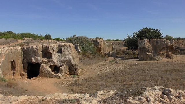 The royal tombs near Paphos, Cyprus. Ruined walls of tombs. 