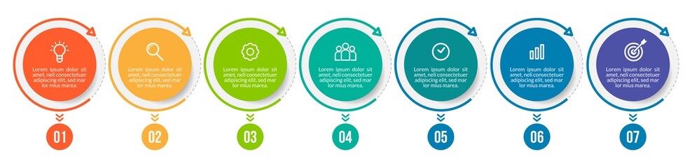 Minimal Business Infographics template. Timeline with 7 steps, options and marketing icons .Vector linear infographic with seven conected elements. Can be use for presentation.