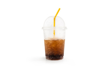 Fototapeta na wymiar Cola in plastic glass and tubes with ice on white background and clipping path for using. Side view of Cola in plastic glass and tubes