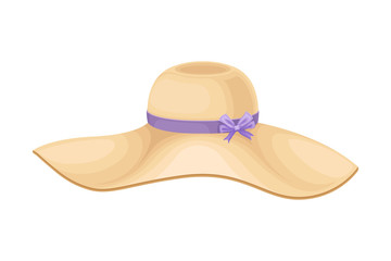 Female Hat with Wide Brim and Ribbon with Bow Vector Illustration