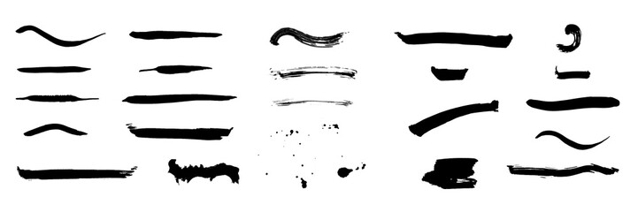 A set of black ink and watercolor brush strokes, design elements or templates for paintbrush instrument, hand drawn