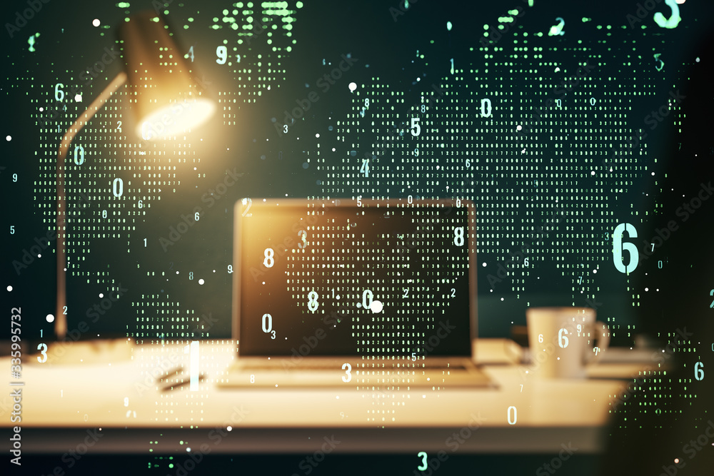 Poster double exposure of abstract programming language with world map on laptop background, research and d
