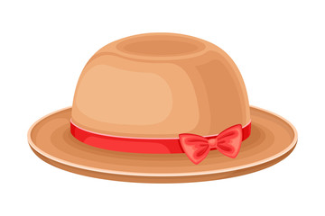Female Hat with Wide Brim and Ribbon with Bow Vector Illustration