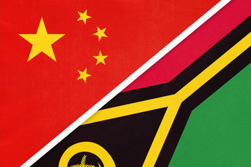 China or PRC vs Vanuatu national flag from textile. Relationship between Asian and Oceania countries.
