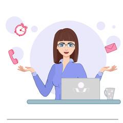 Cute business woman in formal clothes sitting at the computer.