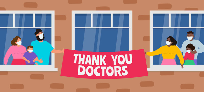 thank you doctors two families in windows hold placard . coronavirus covid 19 pandemic vector illustration