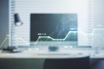 Multi exposure of abstract statistics data hologram interface on computer background, computing and analytics concept