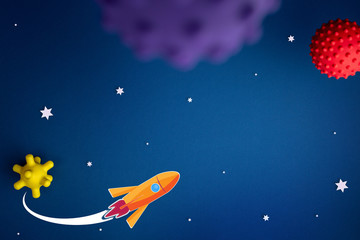 blue background with astronaut, stars and rocket