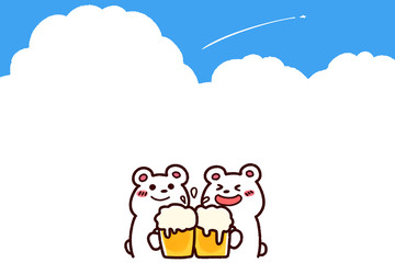 シロクマとビール　乾杯　夏空背景