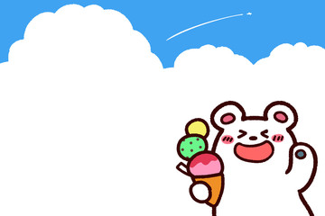 シロクマとアイスクリーム　夏空背景フレーム