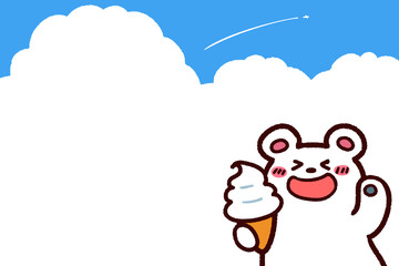 シロクマとソフトクリーム　夏空背景フレーム