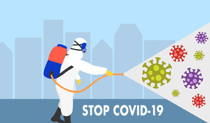 Fototapeta na wymiar A man in hazmat suit spraying and disinfecting COVID-19 Coronavirus cells in the city. Virus disinfection concept vector illustration. Agent cleaning germs, virus and bacteria. Covid19 outbreak.