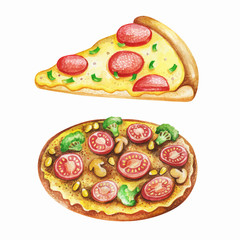Pizza watercolor. Fast food meal on watercolor illustration. Painting pizza vector isolated on white background. Aquarelle fast food for restaurant menu design.