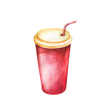 Soda drink watercolor. Red paper cup watercolor illustration. Painting soda vector isolated on white background. Aquarelle sweet drink for restaurant menu.
