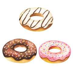 Donut watercolor. Breakfast sweet food on watercolor illustration. Painting donut vector isolated on white background. Chocolate, vanilla and pink hand draw donuts for restaurant menu design.