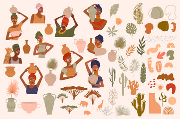 Collection of abstract African women portraits, ceramic vase, jugs, bowls, tropical plants, palm leaf, cactus, animal silhouette, abstract hand draw shapes. Editable vector illustration.