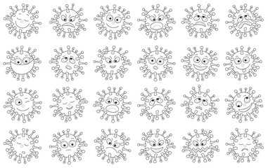 Set of funny virus emoticons with smiling, angry and many other faces of characters with different emotions, black and white vector cartoon illustrations on a white background