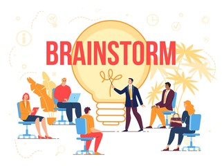 Brainstorm Creation Idea Workflow Process. Business Briefing Partner Meeting, Teamwork Task Discussion, Business Strategy Communication, Corporate Training. People at Laptop, Leader Point to Lightbulb