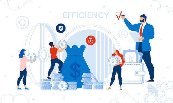 Business Success Audit and Finance Checkup Service. Huge Auditor Boss Chief Putting Efficiency Check Mark. Tiny Employee, Businesspeople Putting Money Earnings in Bag. Vector Illustration