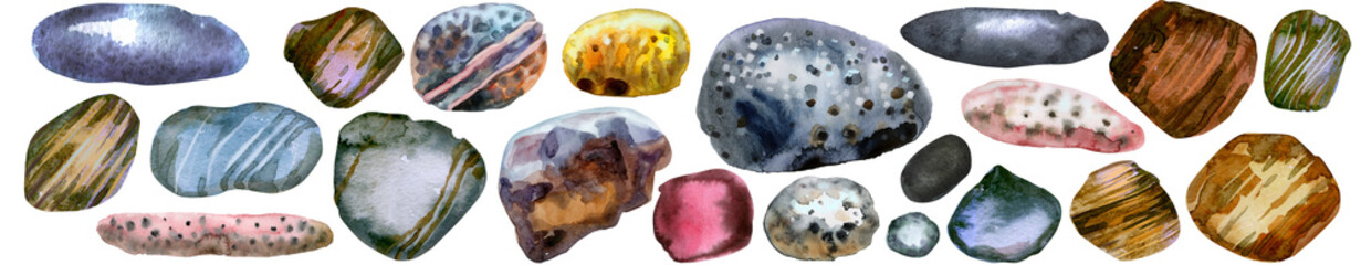 Watercolour painting of a border of flat pebbles
