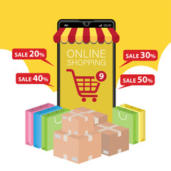 Mobile application for shopping, Online supermaket, Smartphone with shopping app.