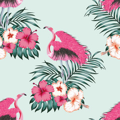 Flamingo seamless tropical pattern blue background © berry2046