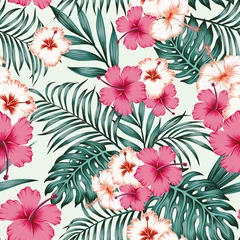 Wall murals Hibiscus Hibiscus leaves seamless tropical pattern background