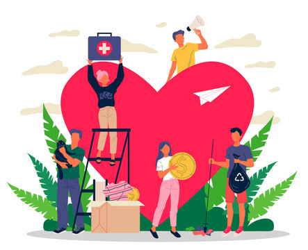 Volunteers vector illustration. Young people packing donation box with money, collecting garbage, taking care about animals near heart. Support community for social aid, charity, help concept