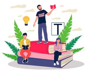 Happy people reading books. Students on stack of books, studying textbooks, getting knowledge. Vector illustration for learning, literature, library, education concept