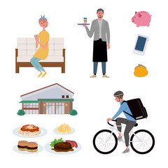 出前　フードデリバリーを頼む女性　イラスト
