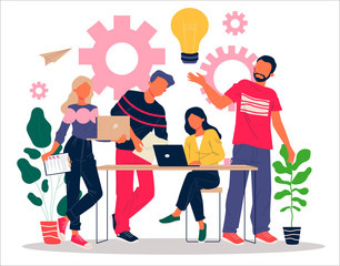 Obraz premium Happy team working on startup together. Men and women using laptops, lightbulb, gears flat vector illustration. Ideas, brainstorming, teamwork concept for banner, website design or landing web page