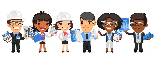 A group of cartoon architectural bureau workers characters with different roles stand on a white background. Architect, engineer, foreman, electrician, accountant, inspector and others. Flat style.