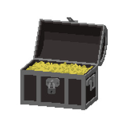 Opened Pixelated Treasure vintage wooden Chest full of gold coins. Pixel Art. Dimetric projection. 3d Vector illustration. Isolated on white background.