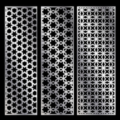 Cutout silhouette panels set with ornamental geometric arabic pattern. Template for printing, laser cutting stencil, engraving. Vector illustration.