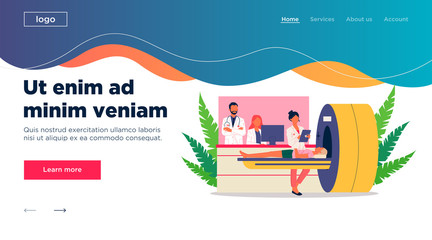 Magnetic resonance tomography. Female patient, scanner, mri flat vector illustration. Neurology, examination, disease concept for banner, website design or landing web page
