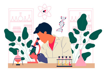 Chemist conducting experiment. Man in white coat with microscope, test tubes in lab flat vector illustration. Laboratory, chemistry, science concept for banner, website design or landing web page