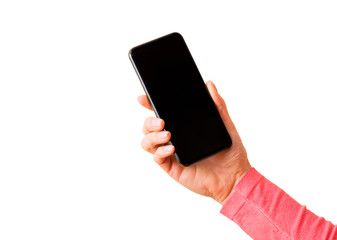 Person holding mobile phone, isolated on white background