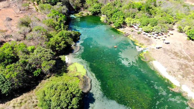 Aerial shot of tourists enjoying the crystalline green water at River Pratinha, Iraquara, Chapada Diamantina, Bahia, Brazil. Drone slowly moving forwards
