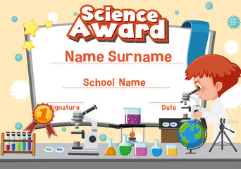 Certificate template design for science award wit hboy in science lab background