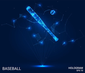 A baseball hologram. A baseball bat made of polygons, triangles of points, and lines. Baseball is a low-poly compound structure. The technology concept.