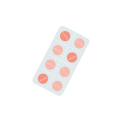 Pills in blisters in flat style on white background. Hand draw, stock illustration.
