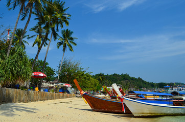 boat on the beach on the background of green palm trees in Thailand