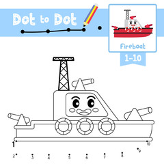 Dot to dot educational game and Coloring book Fireboat cartoon character side view vector illustration