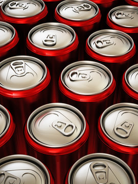 Red Cans Of Soft Non Alcoholic Drinks Background. 3D Illustration