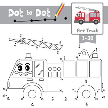 Dot to dot educational game and Coloring book Fire Truck cartoon character side view vector illustration