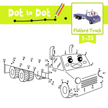 Dot to dot educational game and Coloring book of Flatbed Truck cartoon transportations for kids activity about counting number 1-35 and handwriting practice worksheet. Vector Illustration.