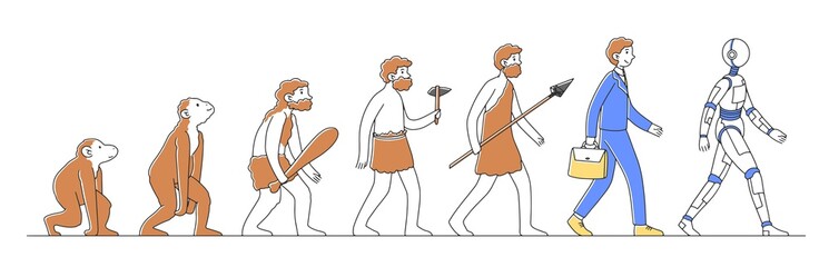Way from monkey to cyborg or robot flat vector illustration. Humankind progress from caveman as ancestor. Human evolution theory Anthropology, reality and history concept